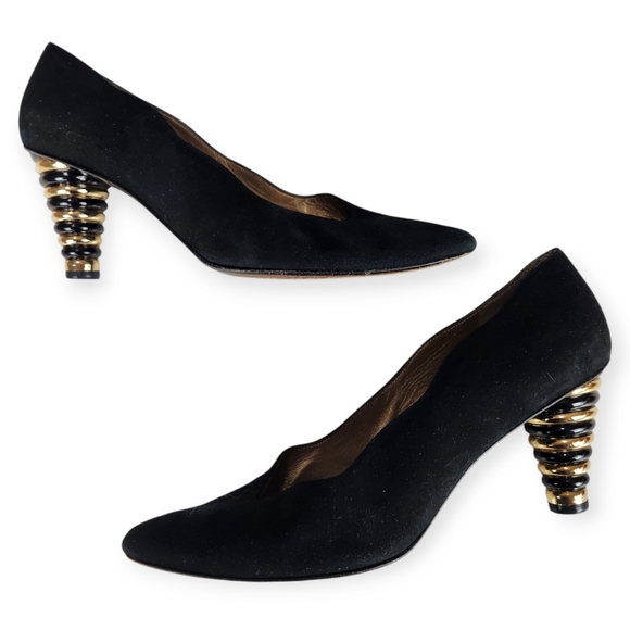 Vtg 80s Stuart Weitzman Black Suede Bubble Stacked Heels size 8AA (narrow) - Picture 2 of 11